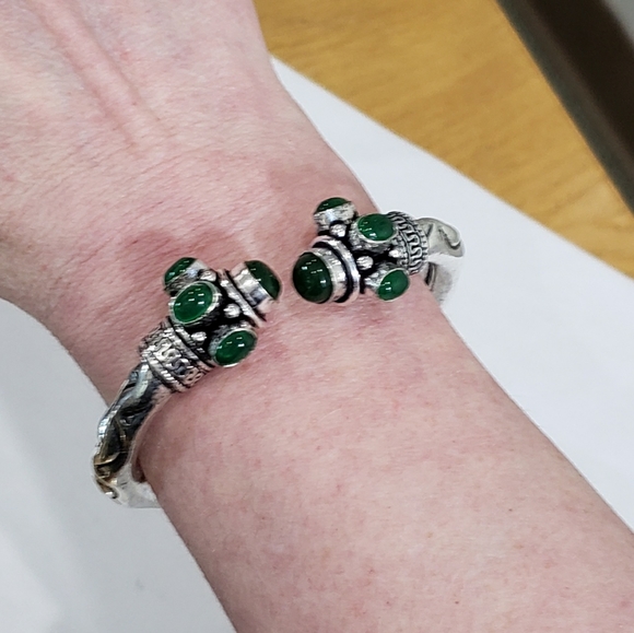 Green Onyx Multi Gemstone 925 Silver Handmade Designed Adj Cuff Bracelet - Picture 14 of 15